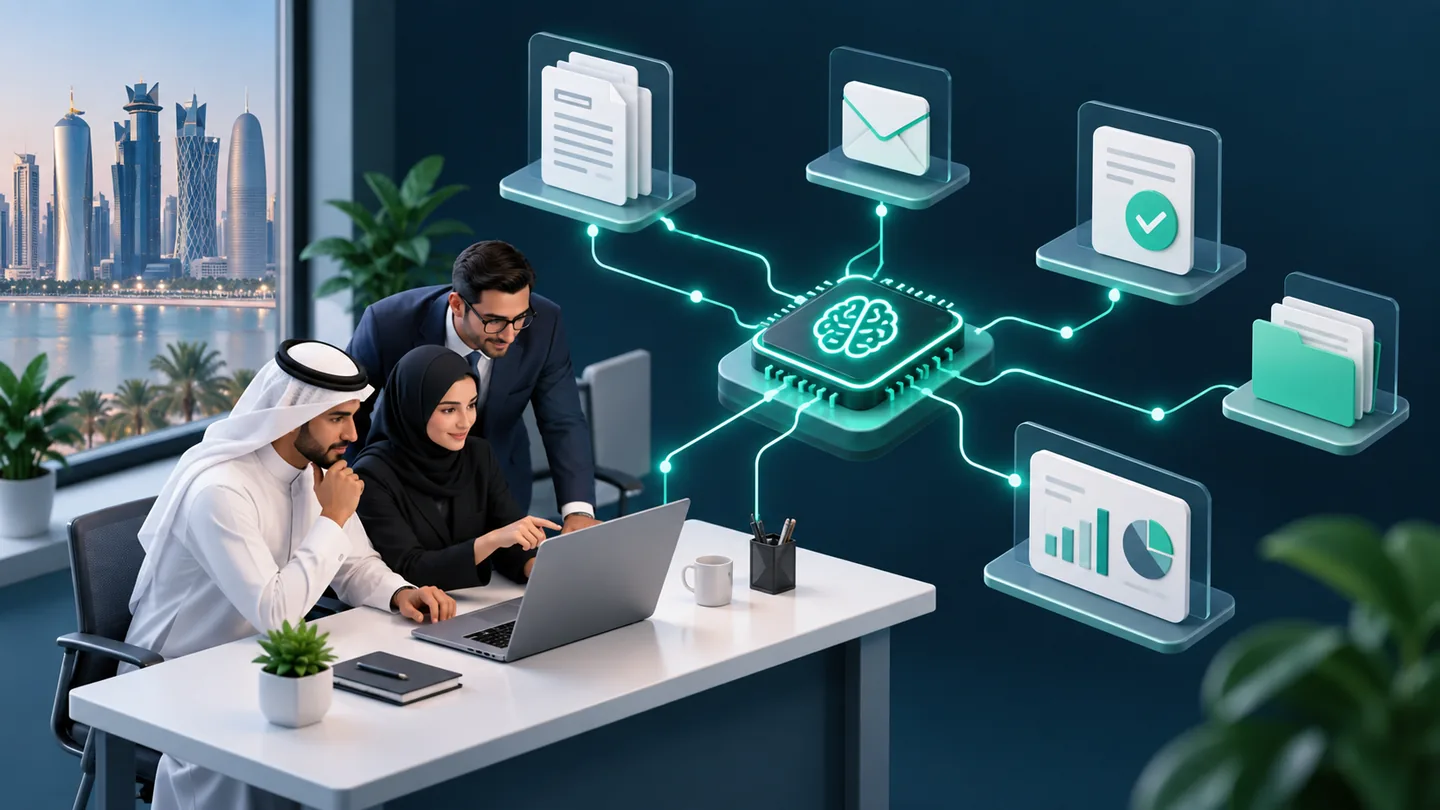 Conceptual illustration of an office team using AI automation for documents, enquiries, approvals and reporting.