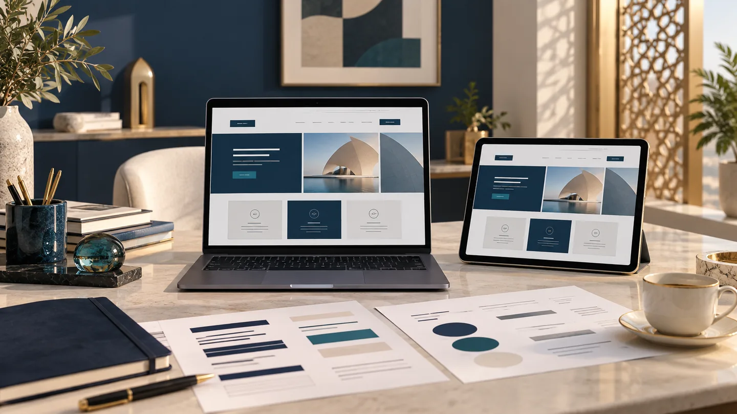 AI-generated conceptual illustration of a laptop and tablet with bilingual website layouts.