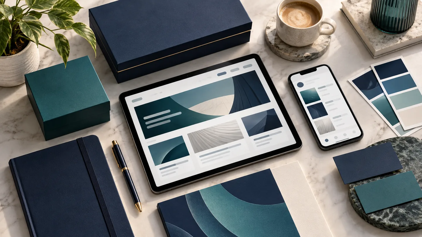 AI-generated conceptual illustration of a consistent brand kit across packaging, website and social media.