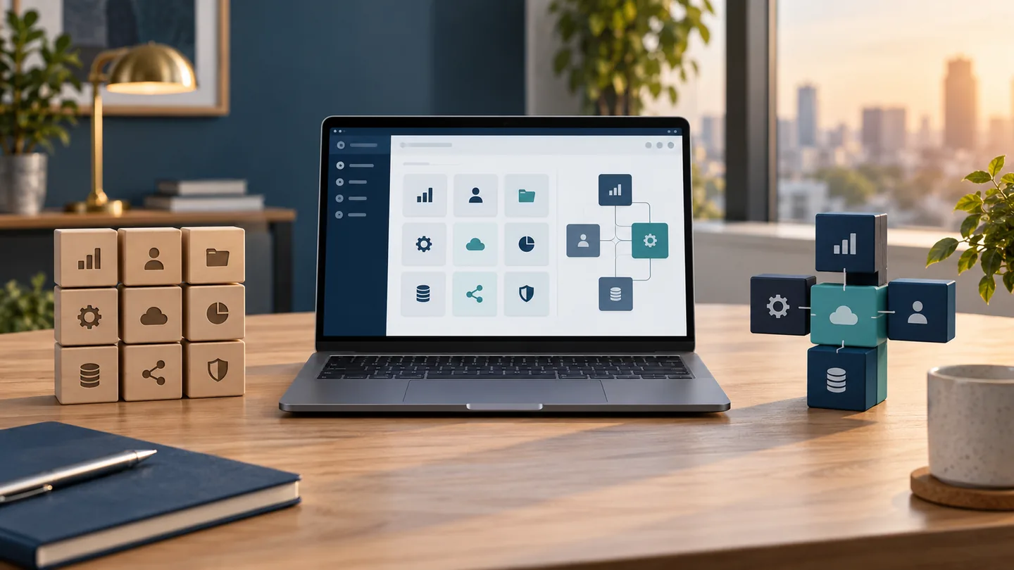 AI-generated conceptual illustration of modular custom software and ready-made software concepts.