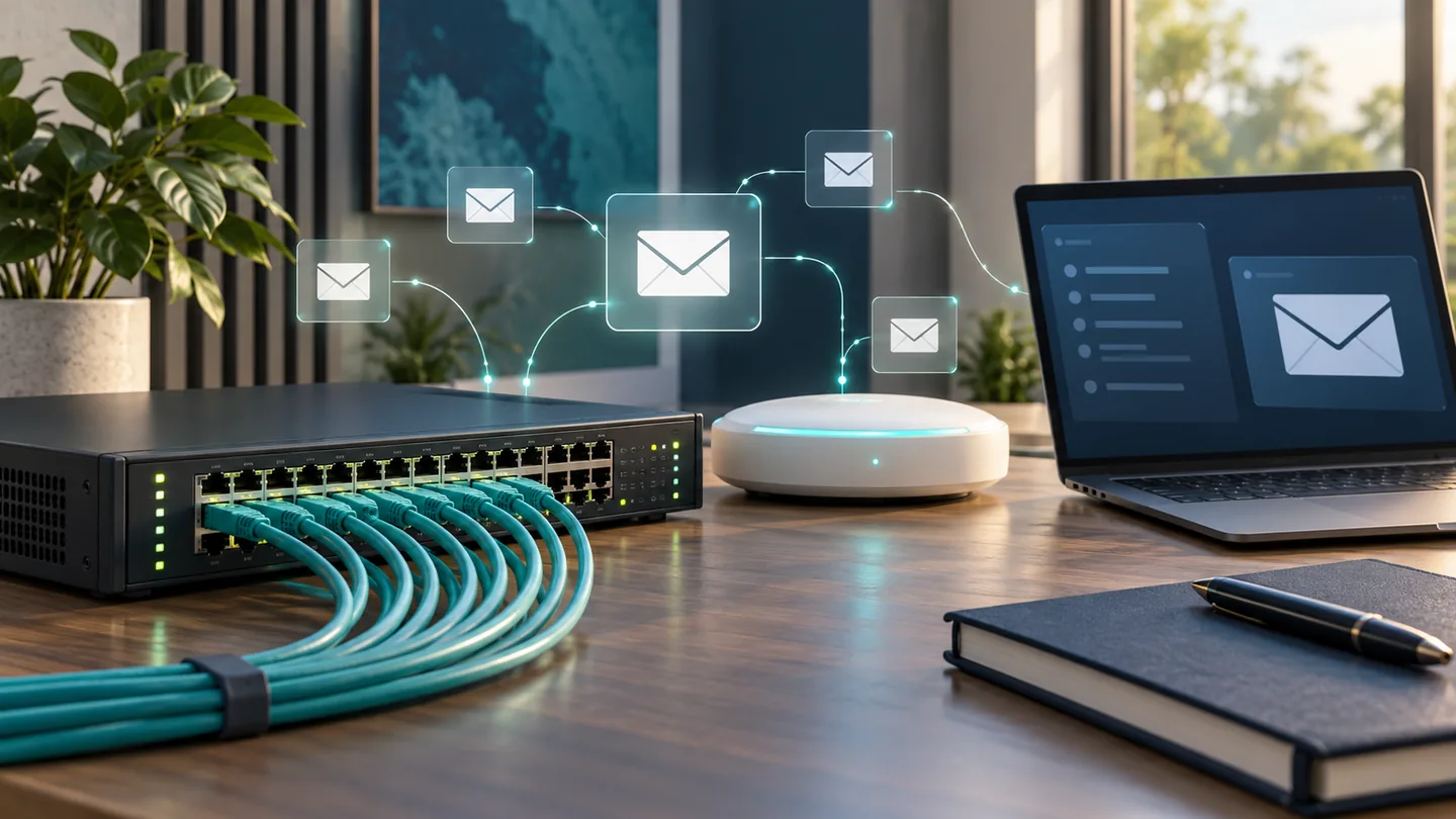 AI-generated conceptual illustration of office networking equipment and business email interfaces.