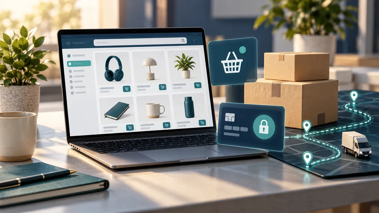AI-generated conceptual illustration of an online shop, checkout interface and delivery parcels.