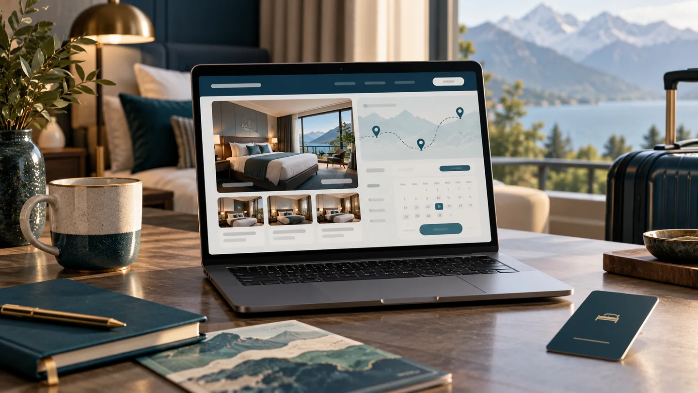 AI-generated conceptual illustration of a hotel booking website with travel planning tools.