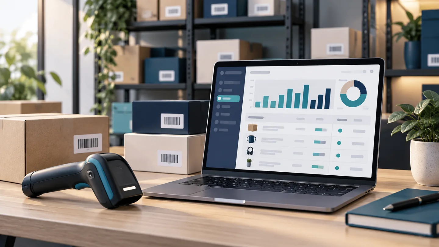 AI-generated conceptual illustration of an inventory dashboard, barcode scanner and stock boxes.