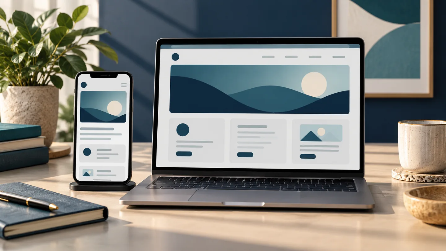 AI-generated conceptual illustration of coordinated mobile app and responsive website interfaces.