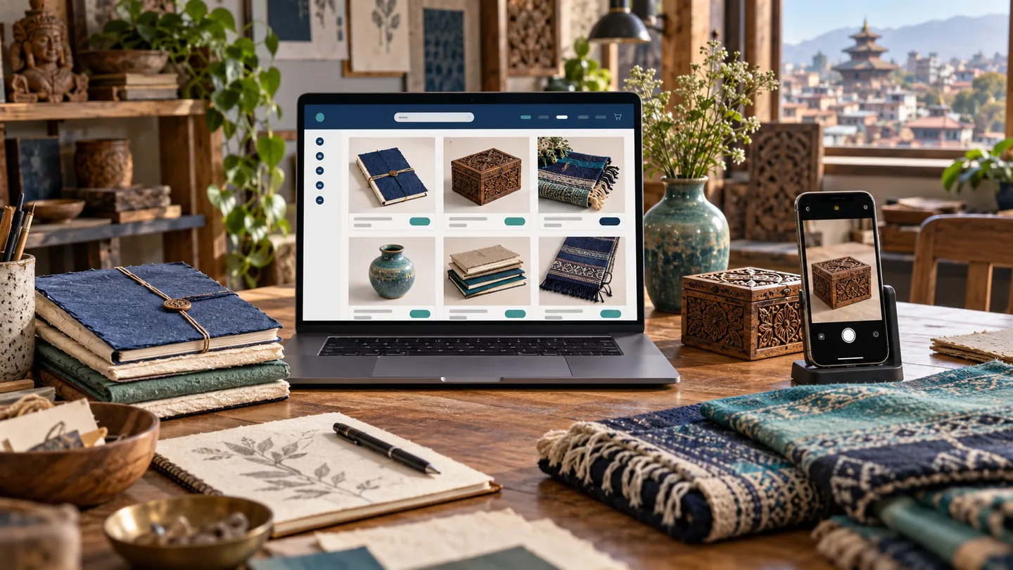AI-generated illustration of handmade paper notebooks, carved wood and textiles displayed beside a digital product catalogue.