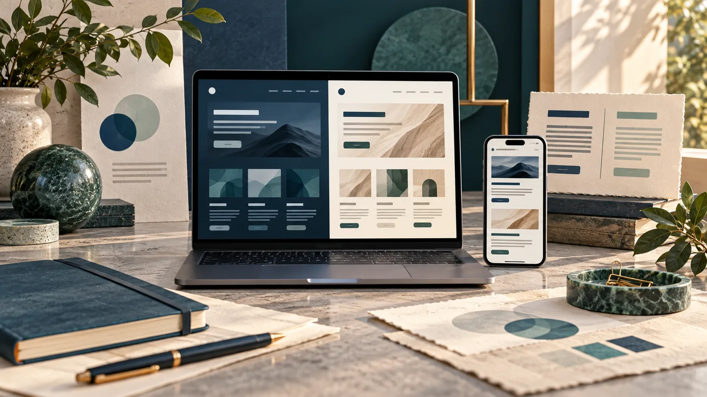 AI-generated conceptual illustration of coordinated bilingual website layouts on a laptop and phone.