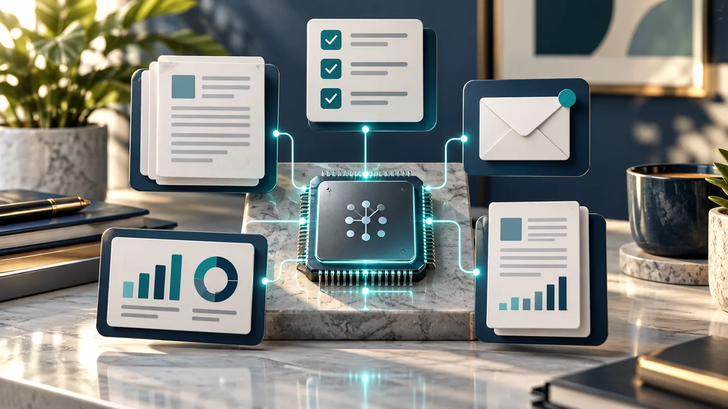 AI-generated conceptual illustration of AI workflows connecting documents, email and reports.