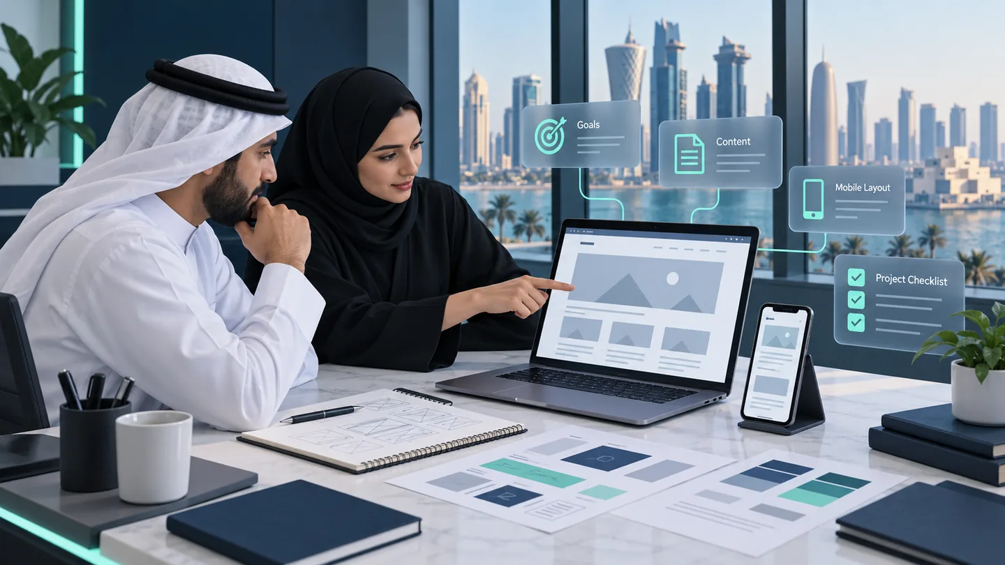 Conceptual illustration of colleagues planning a business website with desktop and mobile layouts, content goals and a project checklist.