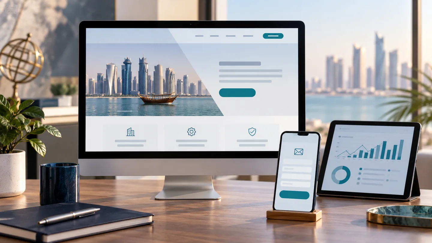 AI-generated conceptual illustration of website analytics and an enquiry form on digital devices.