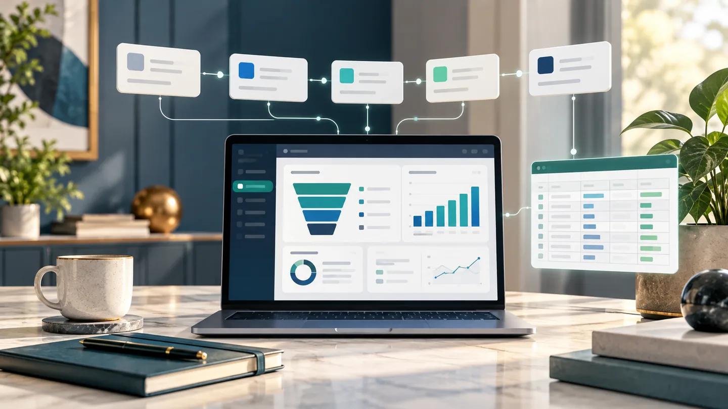 AI-generated conceptual illustration of a CRM dashboard and connected sales pipeline cards.